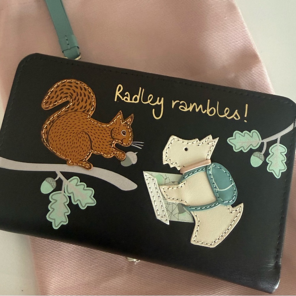 Radley Ramblers Black Leather Zip Wallet with Squirrel and Dog Appliqué